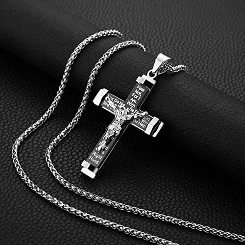 HZMAN Men's Crucifix Stainless Steel Cross with Lord's Prayer Pendant Necklace, 20" 24" 28" Chain