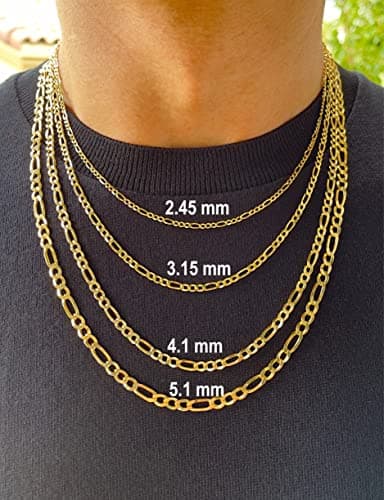 JEWELHEART 14K Gold Figaro Chain Necklace - Diamond Cut Cuban Link, Lobster Clasp, 16-28"