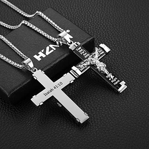 HZMAN Men's Crucifix Stainless Steel Cross with Lord's Prayer Pendant Necklace, 20" 24" 28" Chain