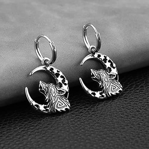 HZMAN Stainless Steel Gothic Punk Howling Wolf Moon Earrings for Men & Women
