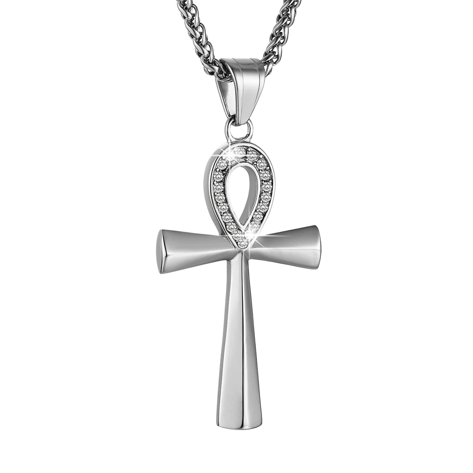 HZMAN Stainless Steel Coptic Ankh Cross Pendant Necklace, 22+2 Rope Chain