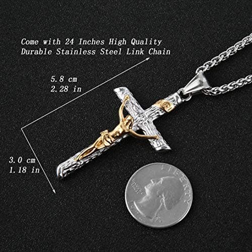 Christian Crucifix Cross Pendant Necklace Stainless Steel with Chain