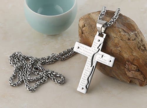 Stainless Steel Crucifix Cross Lord's Prayer Pendant Necklace