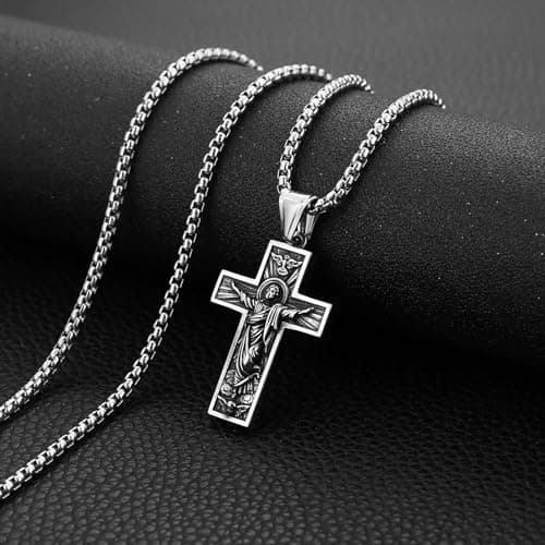 HZMAN Stainless Steel Retro Jesus Cross Necklace - Christian Faith Jewelry Gift