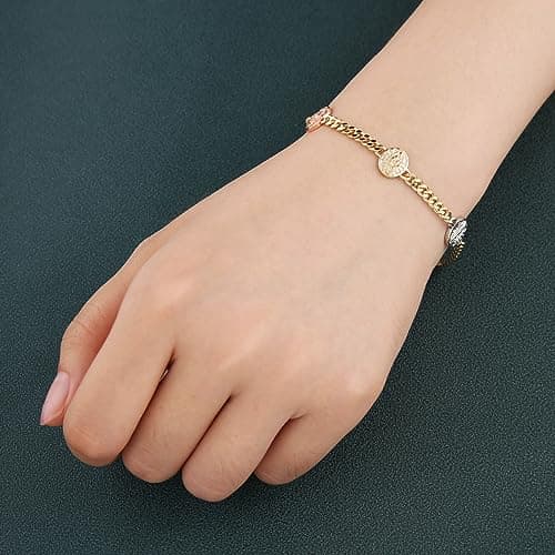 HZMAN 14K Gold Plated Virgin Mary Bracelet for Women - Adjustable Cuban Chain Link