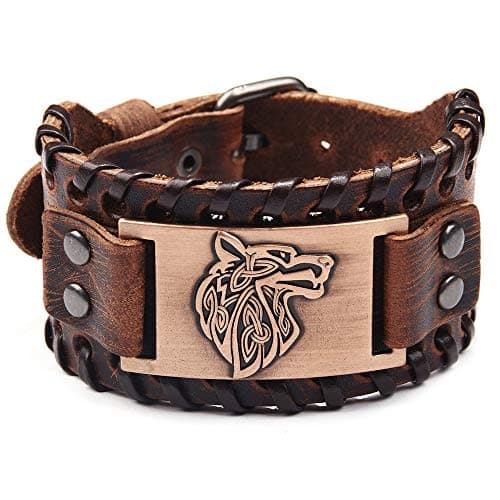 Juland Punk Braided Wolf Head Mens Leather Cuff Wristband Adjustable