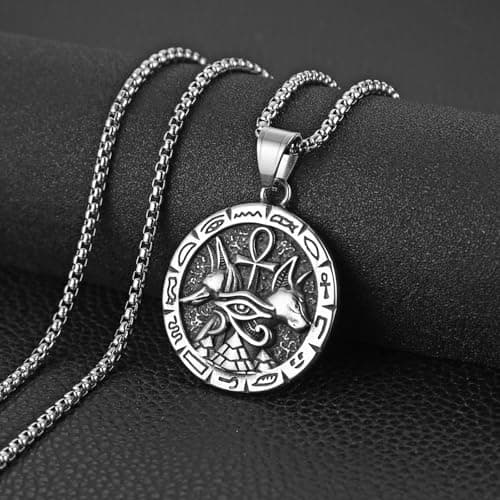HZMAN Ancient Egyptian Symbol Necklace - Eye of Horus, Pyramid, Ankh, Anubis