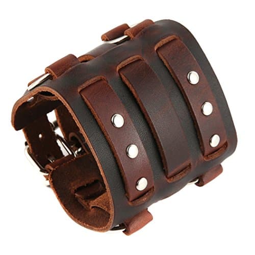 Men's Leather Bracelet Silver Tone Adjustable