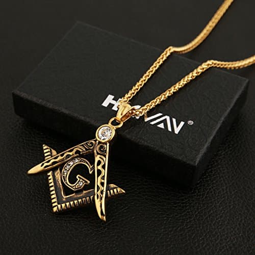 HZMAN Freemason Symbol Stainless Steel Pendant Necklace with Cubic Zirconia