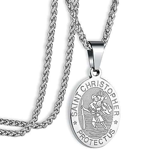 Apsvo Oval Catholic Saints Pendant Medallion, Stainless Steel Wheat Chain 24 Inches