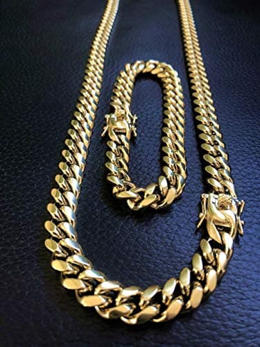 Mens Heavy Miami Cuban Link Chain 14k Gold Plated Choker Necklace/Bracelet