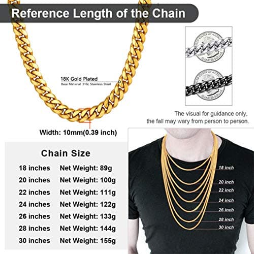 Men's Chunky Miami Cuban Chain Necklace with Custom Options - Available in Various Widths and Lengths, Gold Plated, Stainless Steel, or Black - Comes with Gift Box