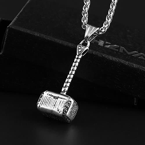 HZMAN Thor Hammer Pendant Necklace - Stainless Steel 22+2 Inch Chain