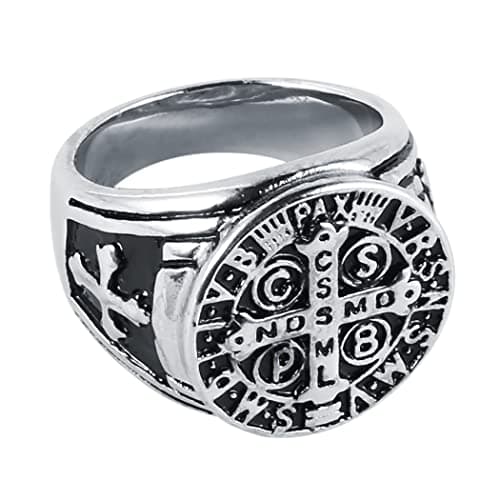 St Benedict Exorcism Ring Stainless Steel Cross Demon Protection