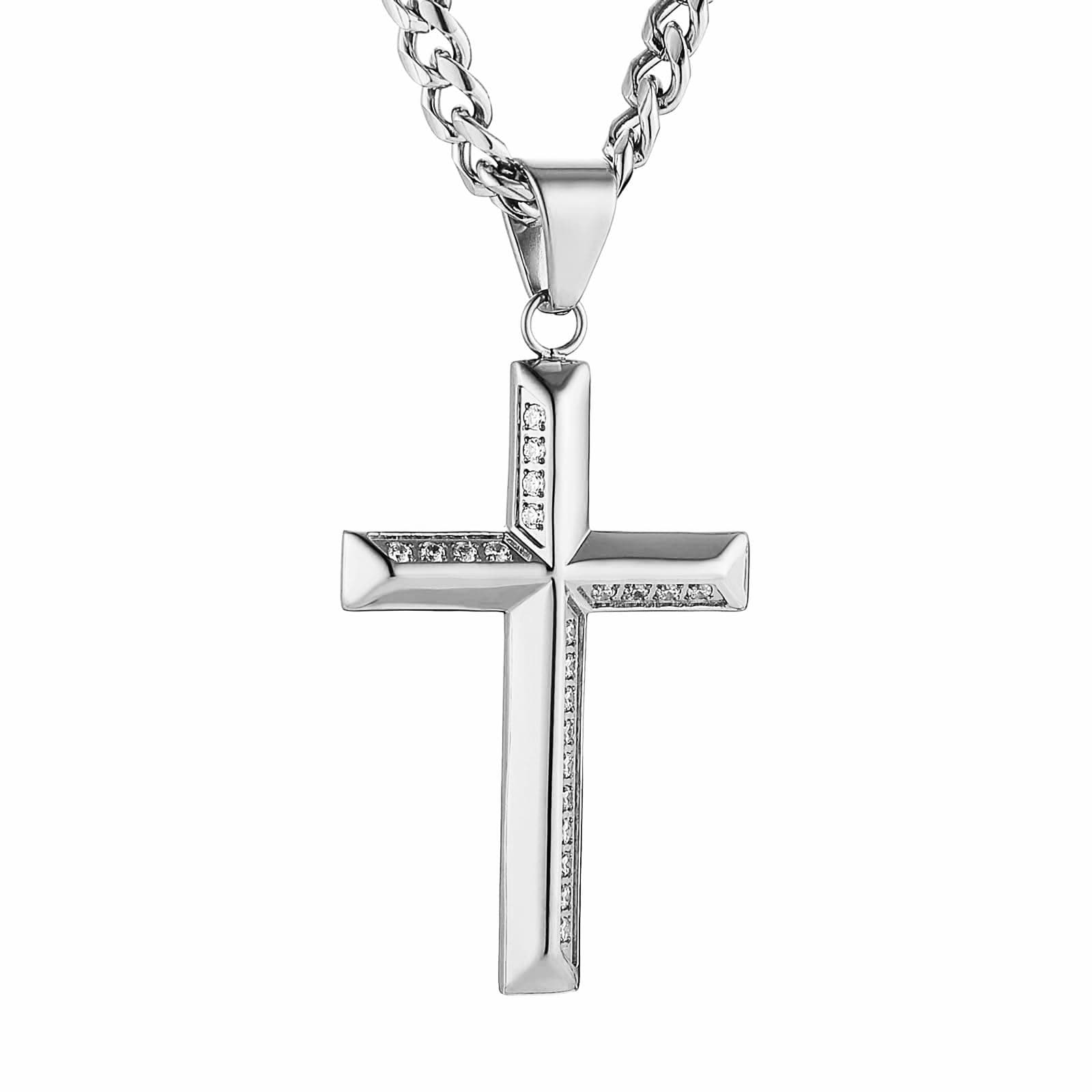 HZMAN Men's Stainless Steel Cross Pendant Necklace with Cubic Zirconia 5mm Cuban Chain 24 Inch