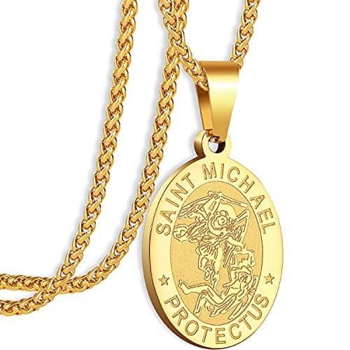 Apsvo Oval Catholic Saints Pendant Medallion, Stainless Steel Wheat Chain 24 Inches