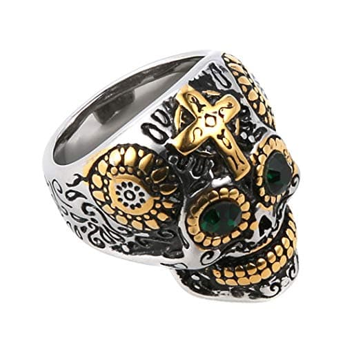 HZMAN Sugar Skull Rings for Men Women, CZ Eyes Stainless Steel Gothic Cross Jewelry