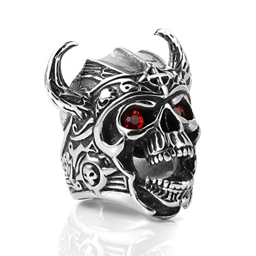 HZMAN Men's Stainless Steel Gothic Skull Ring Warrior Ring with Red Eyes