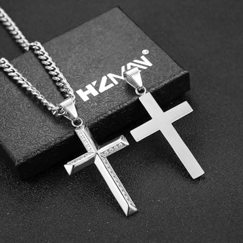 HZMAN Men's Stainless Steel Cross Pendant Necklace with Cubic Zirconia 5mm Cuban Chain 24 Inch