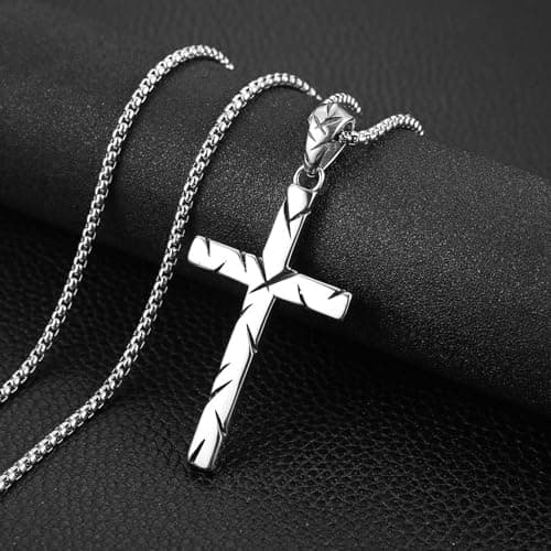 HZMAN Men's Retro Stainless Steel Scarred Cross Pendant Necklace Christian Faith Jewelry Gift