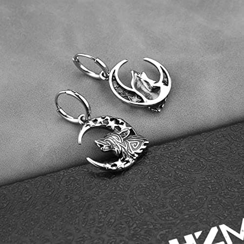 HZMAN Stainless Steel Gothic Punk Howling Wolf Moon Earrings for Men & Women