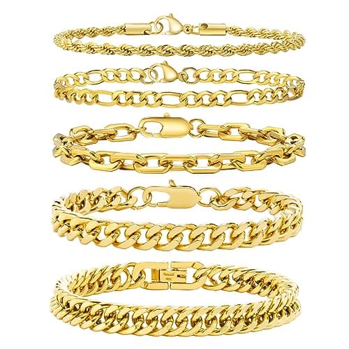 VNOX 5-7 Pcs Men Women Stainless Steel Curb Width Chain Bracelet Set 6.5-9 Inches