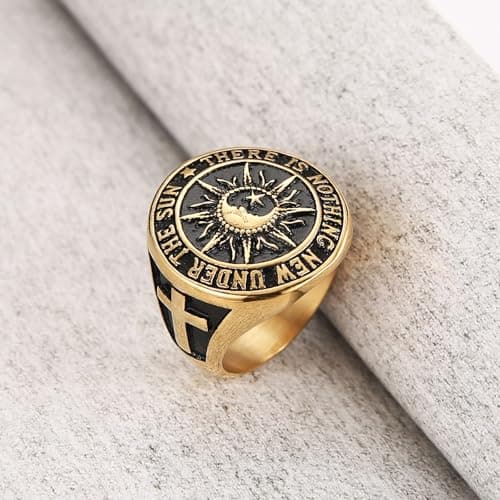 HZMAN Men's Stainless Steel Sun Moon Ring with Biblical Verse Cross Christian Jewelry