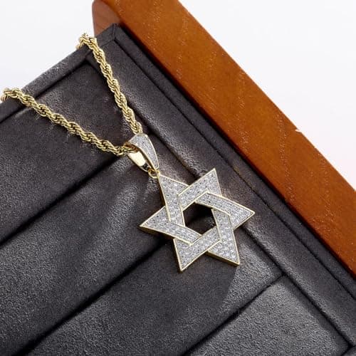 TOPGRILLZ 14K Gold Iced Out Star of David Necklace for Men & Women