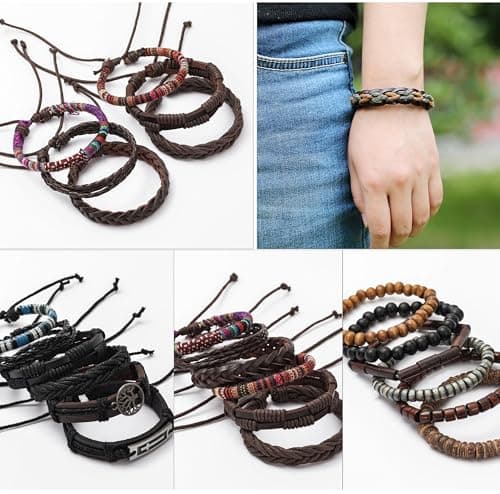 MONAZEO Woven Cuff Bracelets for Men & Women with Wood Beads & Hemp Cords Set