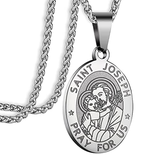 Apsvo Oval Catholic Saints Pendant Medallion, Stainless Steel Wheat Chain 24 Inches