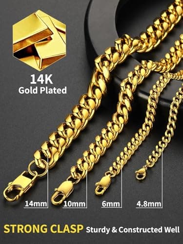 ChainsHouse Miami Cuban Link Chain Necklace for Men, 14K Gold Plated/SS/Black, 14"-30" Length