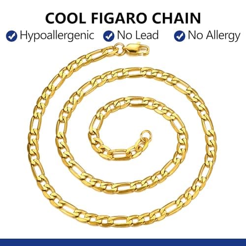 PROSTEEL Black 18K Gold Plated 316L Stainless Steel Figaro Chain Necklace, 14-30inch