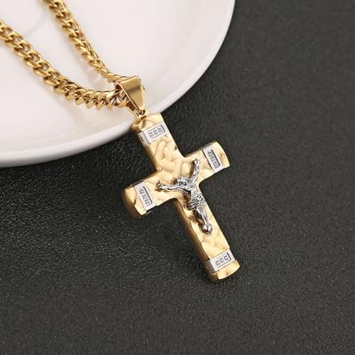 HZMAN Men's Stainless Steel Small Crucifix Necklace Christian Jewelry with 24Inch Cuban Chain