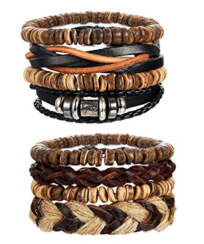 LOYALLOOK 8-34PCs Men's Leather Wrap Cuff Bracelets with Hemp Cords & Wood Beads