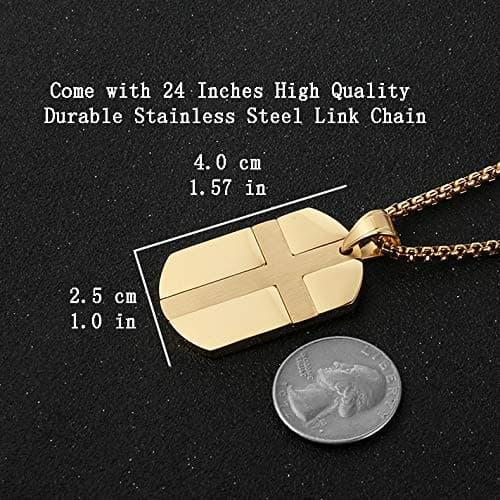 HZMAN Isaiah 41:10 Stainless Steel Cross Dog Tag Necklace - STRENGTH Bible Verse