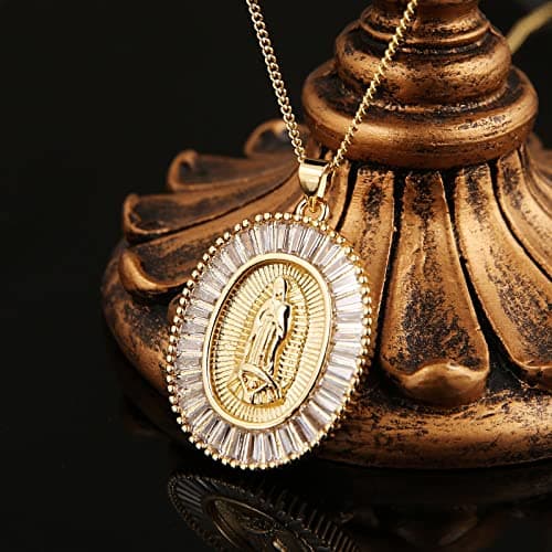 Gold Plated Virgin Mary Necklace for Women with Cubic Zirconia Halo