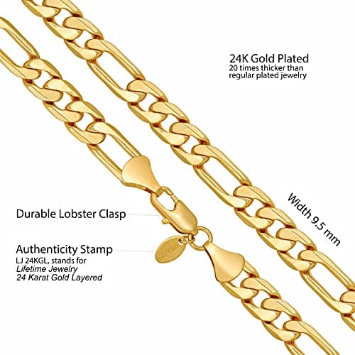 Beveled Figaro Chain Necklaces Real Gold Plated for Women and Men
