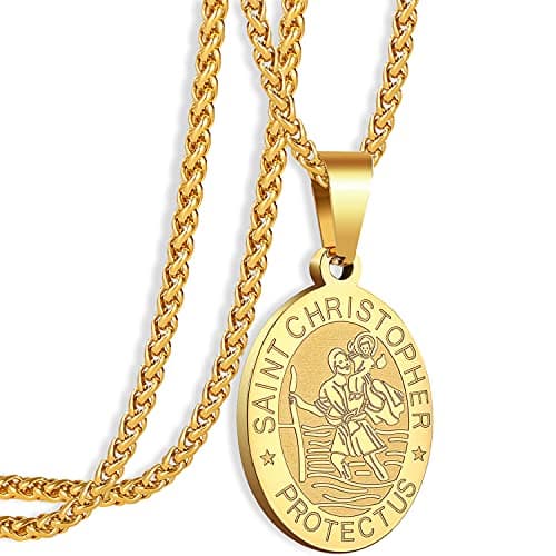 Apsvo Oval Catholic Saints Pendant Medallion, Stainless Steel Wheat Chain 24 Inches