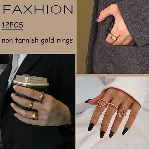 FAXHION 18K Gold Plated Stackable Knuckle Rings Set for Women
