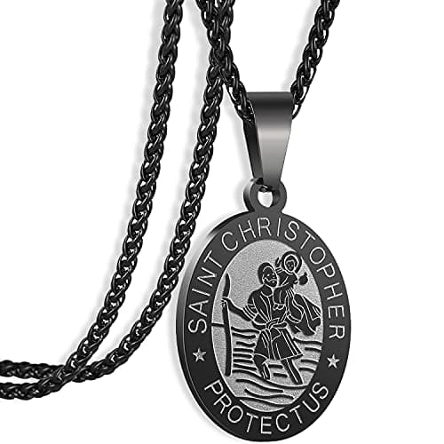 Apsvo Oval Catholic Saints Pendant Medallion, Stainless Steel Wheat Chain 24 Inches