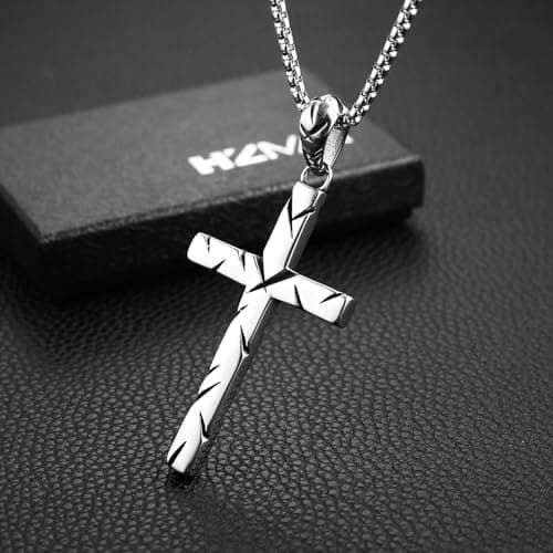 HZMAN Men's Retro Stainless Steel Scarred Cross Pendant Necklace Christian Faith Jewelry Gift