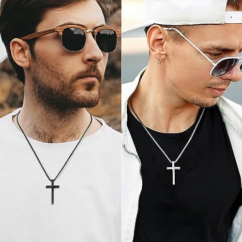 Romass Men's Stainless Steel Silver & Black Cross Necklace 16-30 inches