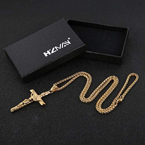 HZMAN Crucifix Cross Pendant Necklace Stainless Steel Jesus Jewelry for Men and Women with 22+2 Chain
