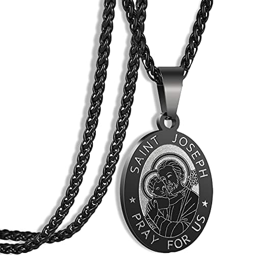 Apsvo Oval Catholic Saints Pendant Medallion, Stainless Steel Wheat Chain 24 Inches