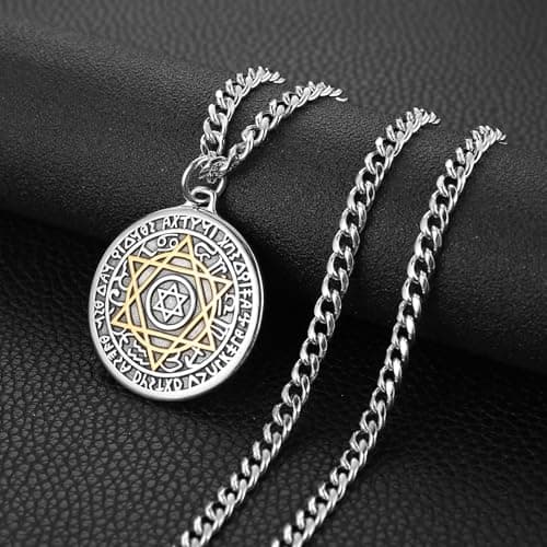 HZMAN Men's Stainless Steel Seal of Solomon Necklace - Retro Hexagram Talisman Pendant Gift