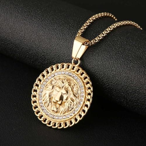 HZMAN 18K Gold Plated Lion Head Necklace for Men Stainless Steel Jewelry
