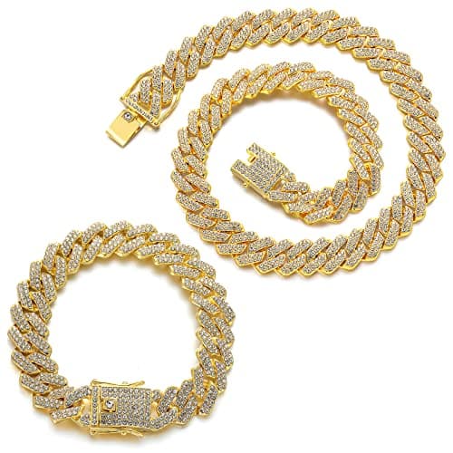 JUNVirtuous Men's & Women's Cuban Link Chain Necklace & Bracelet, Silver Bling Diamond Jewelry