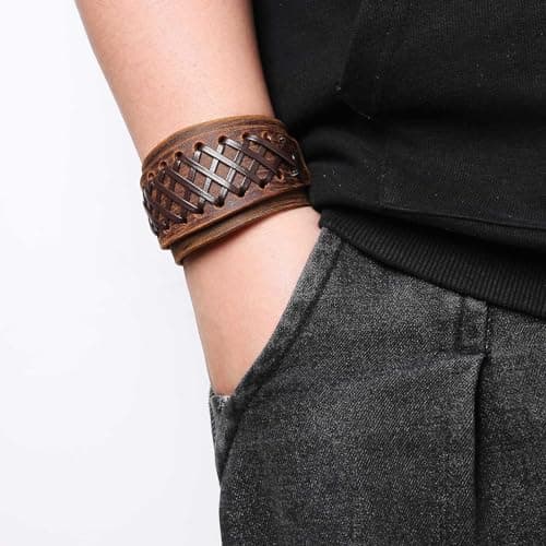 Genuine Leather Punk Bracelets for Men - Handmade Wide Cuff Wristband Jewelry Gift