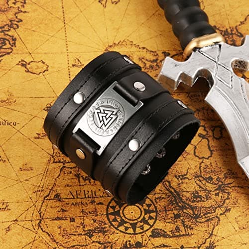 HZMAN Black Leather Viking Cuff Bracelet for Men Jewelry Gift
