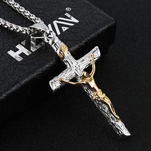 Christian Crucifix Cross Pendant Necklace Stainless Steel with Chain